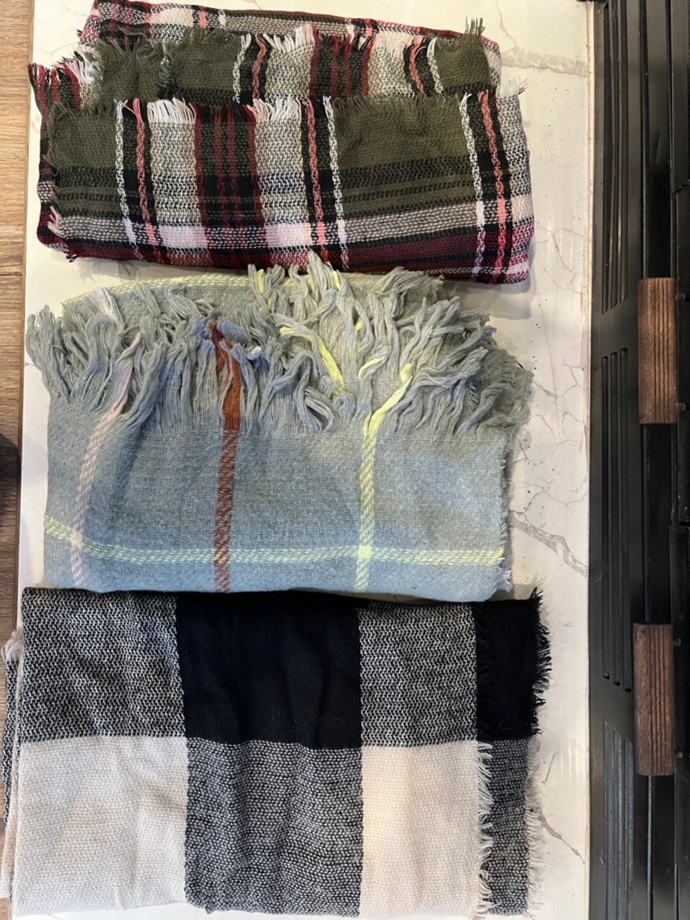 Soft Fringed Plaid Wrap Scarf – Gray, Olive & Black